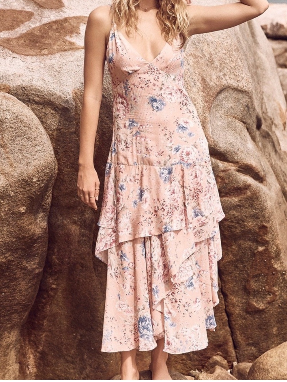 Auguste The Label Floral Tiered Midi Dress Pastel Pink Blue US 8 AU 12 Boho